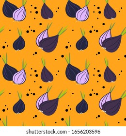 seamless pattern with violet, blue and red chopped onions and black pepper on a bright yellow background. Modern abstract design for paper, cover, fabric, interior decor
