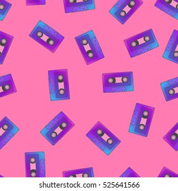 Seamless pattern with violet blue retro audio tape on pink background.