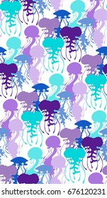 Seamless pattern with violet and blue rows of jellyfish on a white background. Hand drawn cartoon style vector illustration.