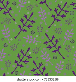 Seamless pattern of violet branches on a green background
