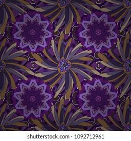 Seamless pattern with a violet, brown and purple bright summer floral print, flowers, foliage. Vector illustration.