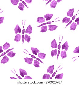 Seamless Pattern of Violet Butterflies Watercolor. Vector Bright  Decorative Pattern with drawn colorful butterflies. Vector 10 EPS
