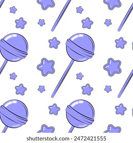 seamless pattern with violet candy, stars, candy on a white background for children 's holidays, wrapping paper, print and textiles