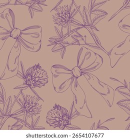 Patrón sin fisuras de tréboles violetas y arco. Ilustración de tinta hecha a mano. Para el diseño de envases, tarjetas, fundas, estampados, etiquetas de productos y tejidos.