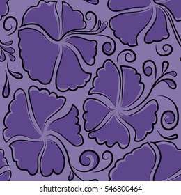 Seamless pattern in violet colors. Vector vintage seamless tropical hibiscus flowers.