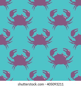 Seamless pattern with violet crab on blue background. Vector illustration.
