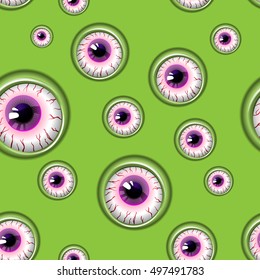 Seamless pattern with violet eyes on a green background. Halloween background. Scary eye pattern for the Hallowe'en party. Vector illustration. Seamless Halloween. Green background for Halloween.