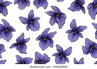 Seamless pattern of violet flowers, color, vector