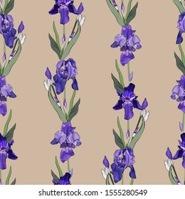 Seamless pattern with violet flowers and green leaves on brown. Hand drawn.Background with purple irises for your design, prints, textile, web pages. Realistic style. Vector stock illustration.