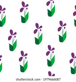Seamless pattern violet flowers isolated on white background. Cute purple abstract floral print for cloth or wrapping paper. Girly lilac borany ornament, vector design eps 10