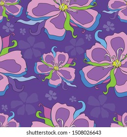 Seamless pattern of violet flowers on a blue background