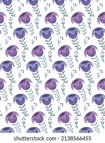 Seamless pattern with violet flowers on stems with folk arts on white background. Vector texture with tulip and berries with naive ornaments. Natural fabric swatch with floral decoration