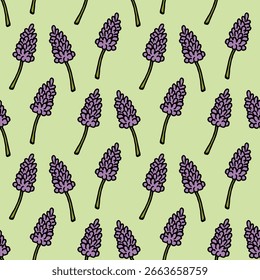 Seamless pattern with violet flowers on green background. Vector image.