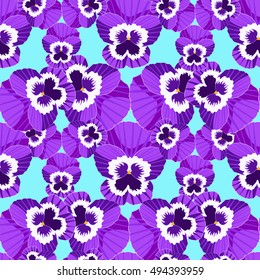 Seamless pattern violet flowers of pansies on a blue background vector illustration