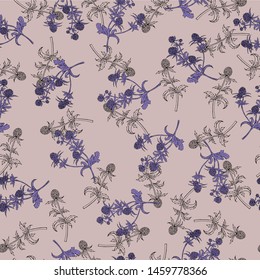 Seamless pattern with violet flowers and silhouette leaves on lilac background. Hand drawn vector illustration.