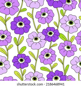 Seamless pattern with violet flowers. Trippy background. Hand dran vector illustration. Texture for print, textile, fabric, packaging.