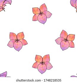 Seamless pattern violet flowers with watercolor effect in pink, yellow, lilac colors on a white background. Vector illustration. Design for textile,  postcards, invitations, web design.