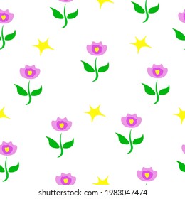 Seamless pattern violet flowers and yellow stars isolated on white background. Cute purple abstract floral print for cloth or wrapping paper. Girly lilac borany ornament, vector design eps 10