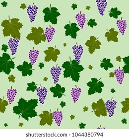 seamless pattern of violet grape twigs with leaves and berries on green background. Vector. Designs for textiles, paper, fabrics, wallpaper.