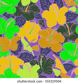 Seamless pattern of violet, green and yellow hibiscus floral background. Vector sketch of many violet, green and yellow flowers. Hand drawn seamless flower illustration.