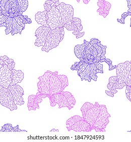 Seamless pattern with violet irises. Beautiful decorative stylized summer flowers.