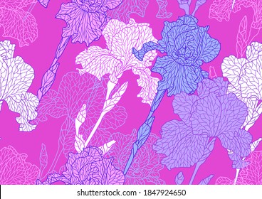 Seamless pattern with violet irises. Beautiful decorative stylized summer flowers.