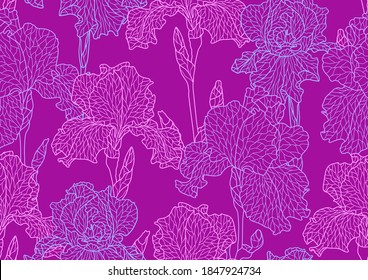 Seamless pattern with violet irises. Beautiful decorative stylized summer flowers.