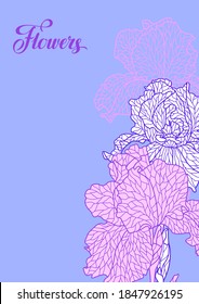 Seamless pattern with violet irises. Beautiful decorative stylized summer flowers.