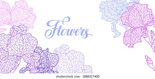 Seamless pattern with violet irises. Beautiful decorative stylized summer flowers.