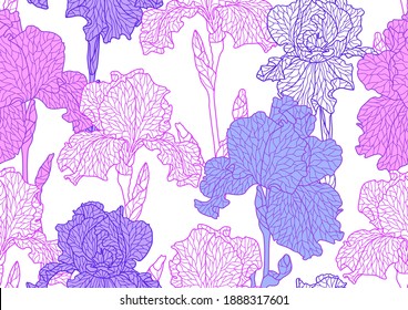 Seamless pattern with violet irises. Beautiful decorative stylized summer flowers.