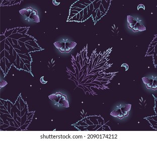 Seamless pattern with violet leaves and butterflies. Contemporary composition. Design for paper, cover, fabric, interior decor and other users.