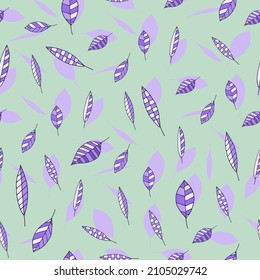 Seamless pattern with violet leaves on green background. Doodle style.