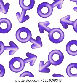 seamless pattern of violet male gender symbol with arrow on white isolated background