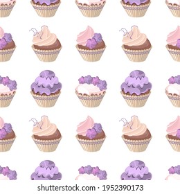 Padrão contínuo com muffins violeta. Textura infinita para o seu design. A ilustração pode ser usada para decoração de restaurantes e cafés.