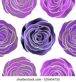 Seamless pattern with violet, neutral and purple roses. Vector illustration. Abstract seamless background with flying violet, neutral and purple roses on a white background.