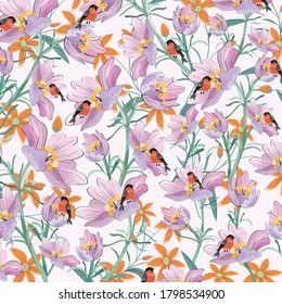Seamless pattern violet and orange flower in the garden,cute bird in flower garden.