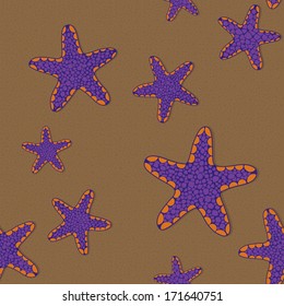Seamless pattern with violet and orange starfishes on a sandy background