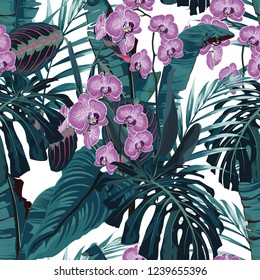 Seamless pattern, violet orchid flower and green blue exotic palm monster leaves on white background. Vintage style.
