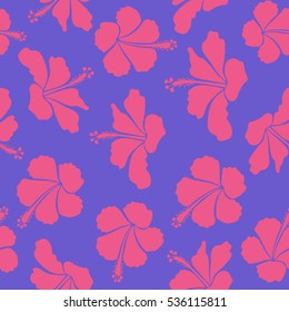 Seamless pattern in violet and pink colors. Vector hand drawn painting of violet and pink hibiscus flowers.