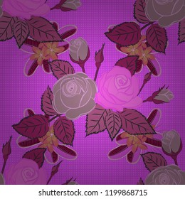Seamless pattern with violet, pink and purple roses. Vintage pattern with indian batik style rose flowers. Floral vector background.