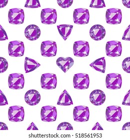 Seamless pattern with violet precious gem Amethyst in different cuts on white background. Vector illustration