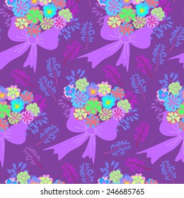 Seamless pattern with violet ribbon and colorful flower bouquet.