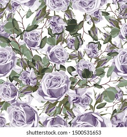 Seamless pattern with violet roses flowers and eucaliptus. Hand drawn vintage background. floral pattern for wallpaper or fabric. 