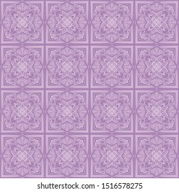 Seamless pattern. Violet shades. Quadrilateral elements. Lilac colors. Sivolic flowers.
