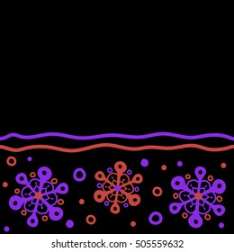Seamless pattern of violet snowflakes and dots on black background. Horizontal vector abstract design in violet colors with copy space (place for your text).