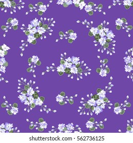 Seamless pattern of violet. Spring flowers. Millefleurs. Floral  gentle background for textile or book covers, manufacturing, wallpapers, print, gift wrap and scrapbooking.