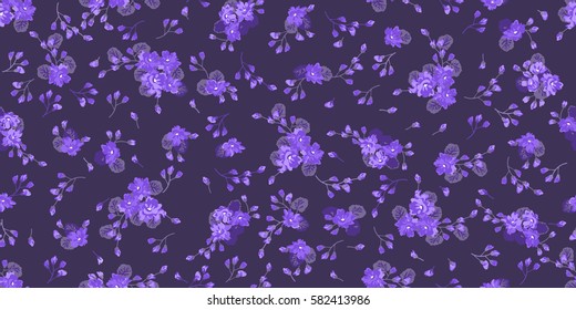 Seamless pattern of violet. Spring flowers in chaotic order. Floral seamless purple background for textile or book covers, manufacturing, wallpapers, print, gift wrap and scrapbooking.