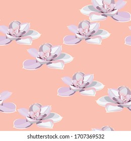 Seamless pattern with violet succulents, orange background. Elegant tender design. Can be used as greeting, wedding background. Best for fabric. Flowers texture.