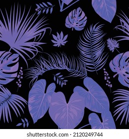 Patrón sin foco con hojas tropicales violetas de palma y flores sobre fondo blanco.  Vector de ilustración decorativa floral, para diseño de impresión