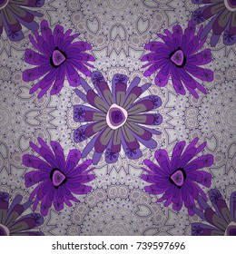 Seamless pattern with violet, white and purple flowers and leaves, abstract floral pattern. Tileable vector pattern for wallpaper, cards or fabric.